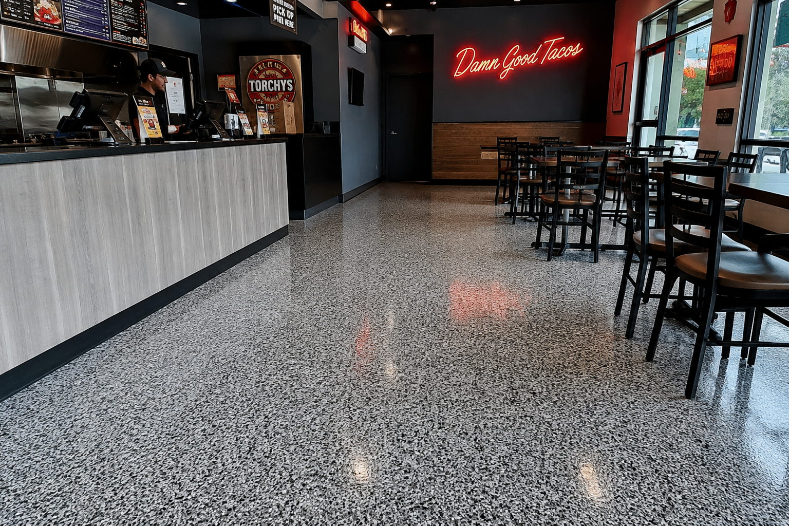 Home beautiful flake epoxy flooring in a restaurant