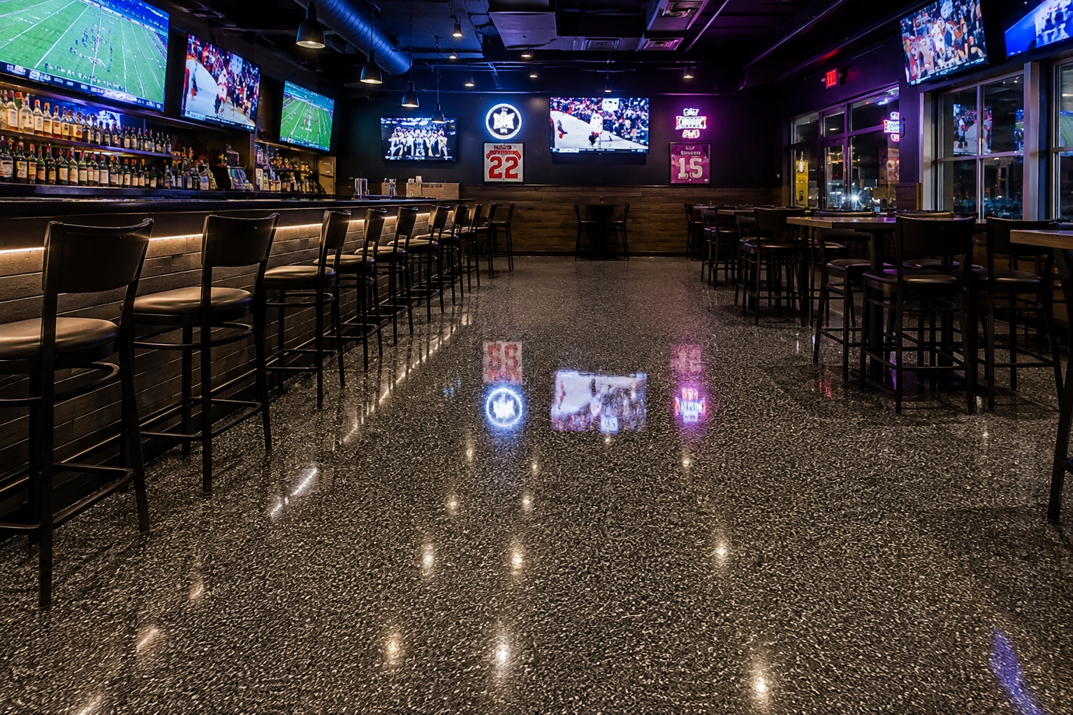 Gallery beautiful flake epoxy flooring in a rsports bar