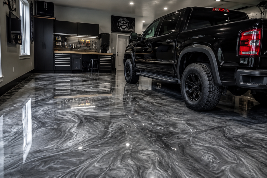 beautiful mettalic epoxy garage flooring