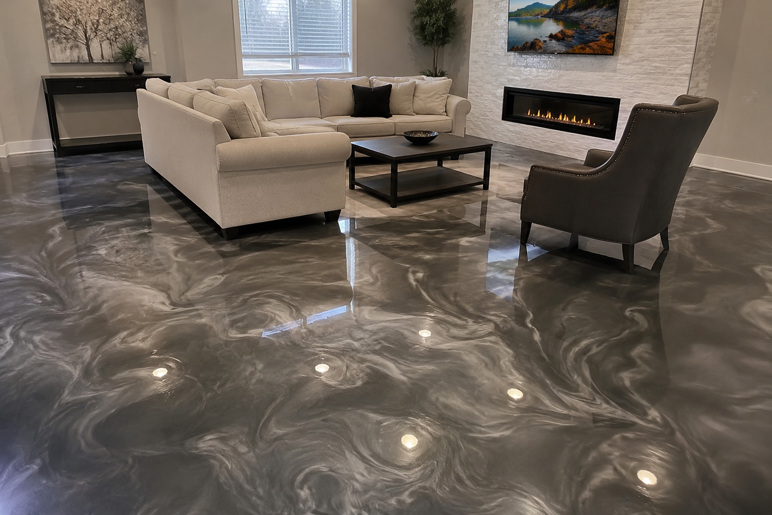 Services beautiful mettalic epoxy flooring in living room