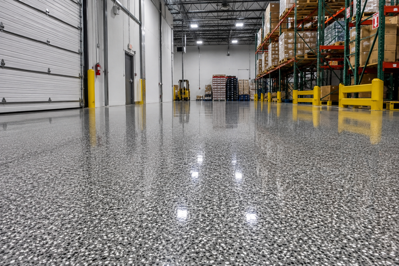 Services beautiful quartz epoxy flooring in a warehouse
