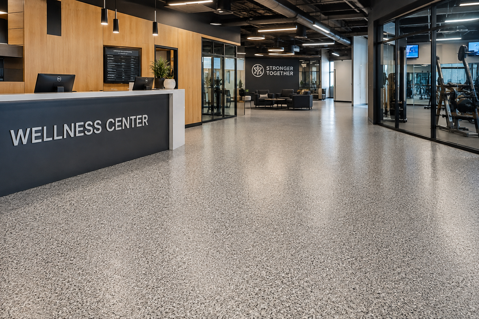 Services beautiful quartz epoxy flooring in a wellness center